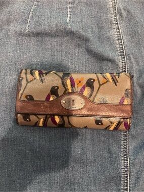 Fossil Bird-Print Key Per Wallet with Brown Leather Trim